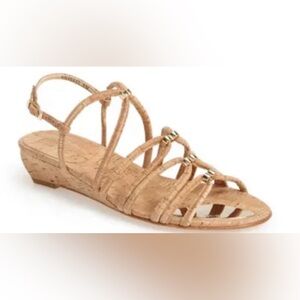 Stuart Weitzman Cork lace up Strappy Low wedge gold accent Sandals Slides Strap